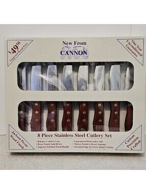 Vintage Cannon 8pc Stainless Cutlery Set Jackson Pecan Wood NIB Kitchen Knives
